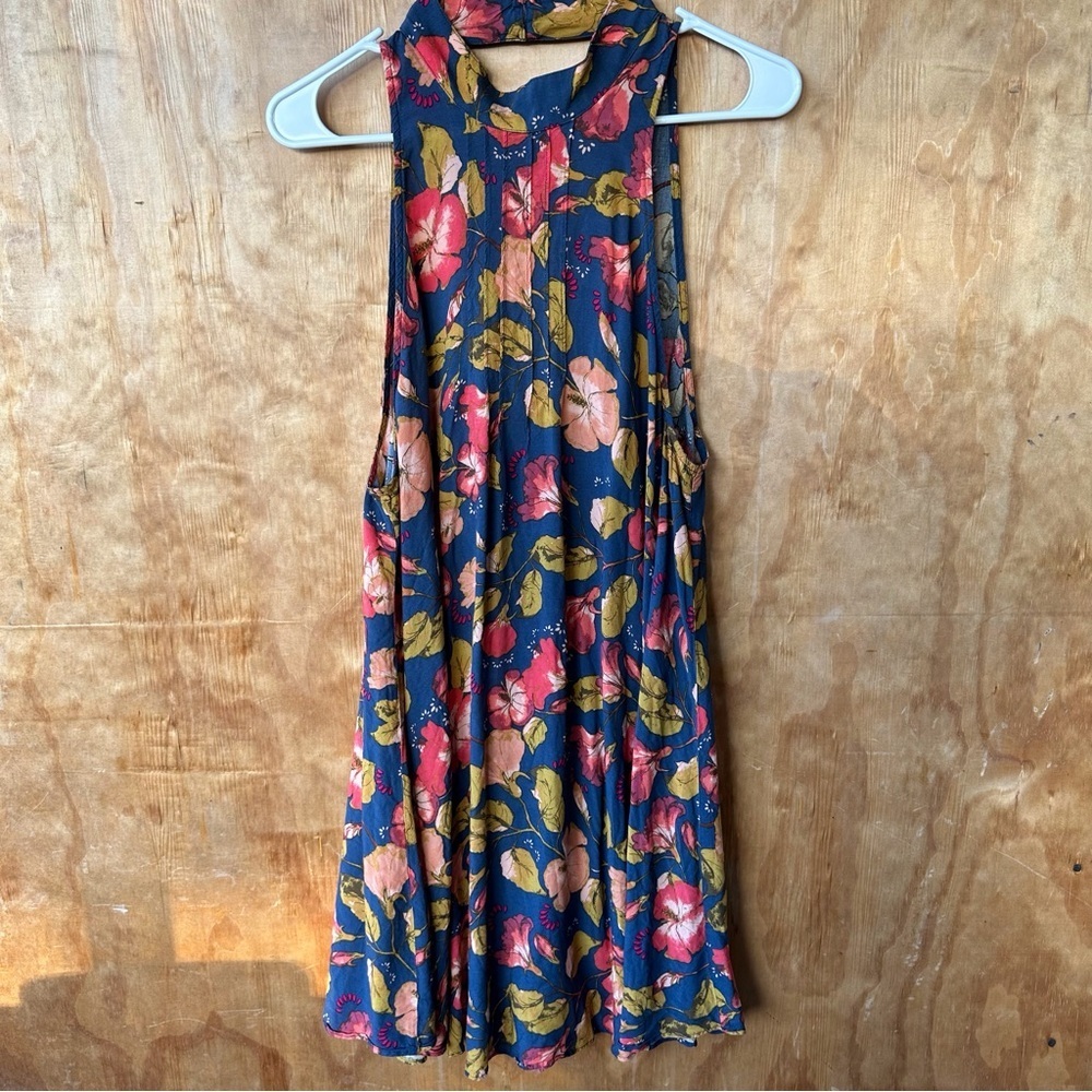 Intimately Free people High Neck Pin Tuck Swing Dress Blue Floral Print